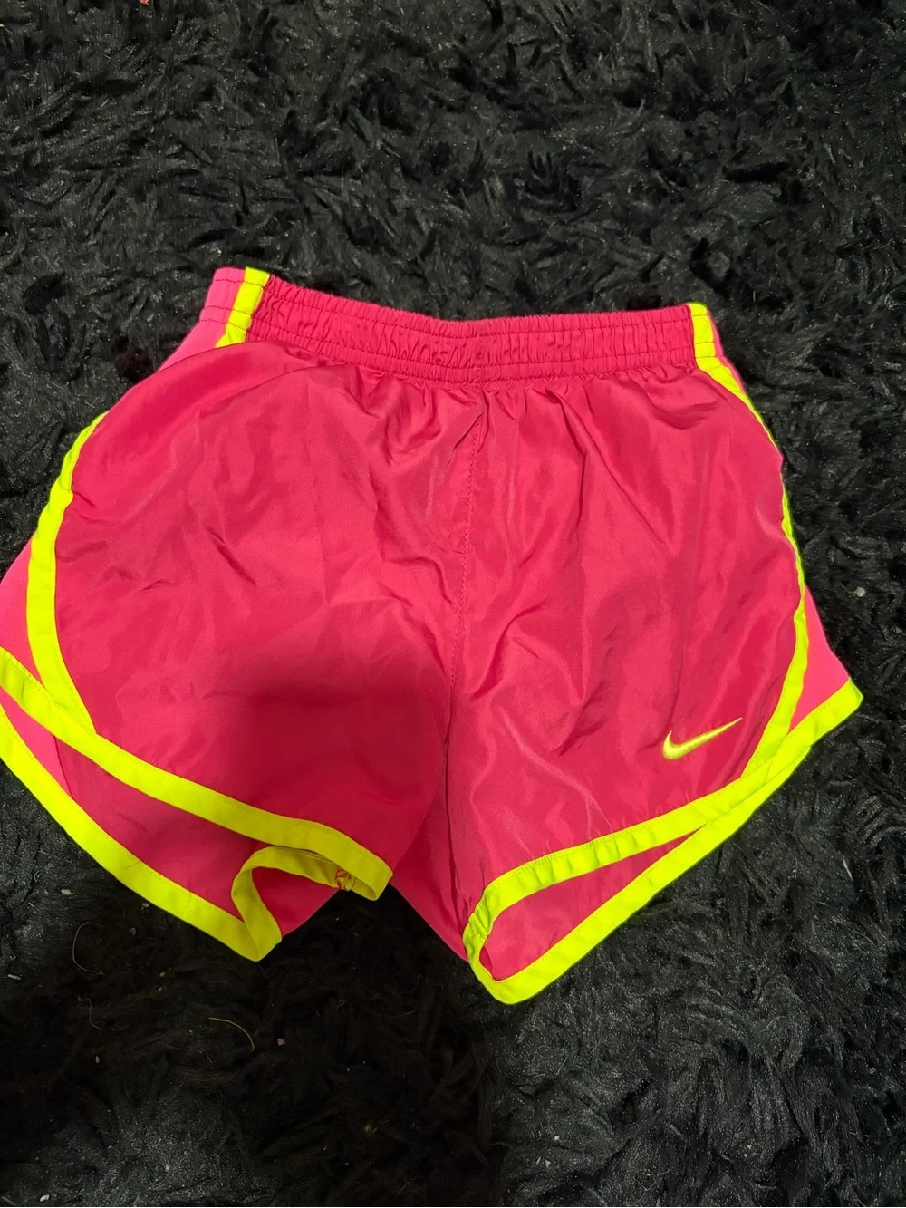 Nike Women's Hot Pink Running Shorts with Neon Yellow Trim